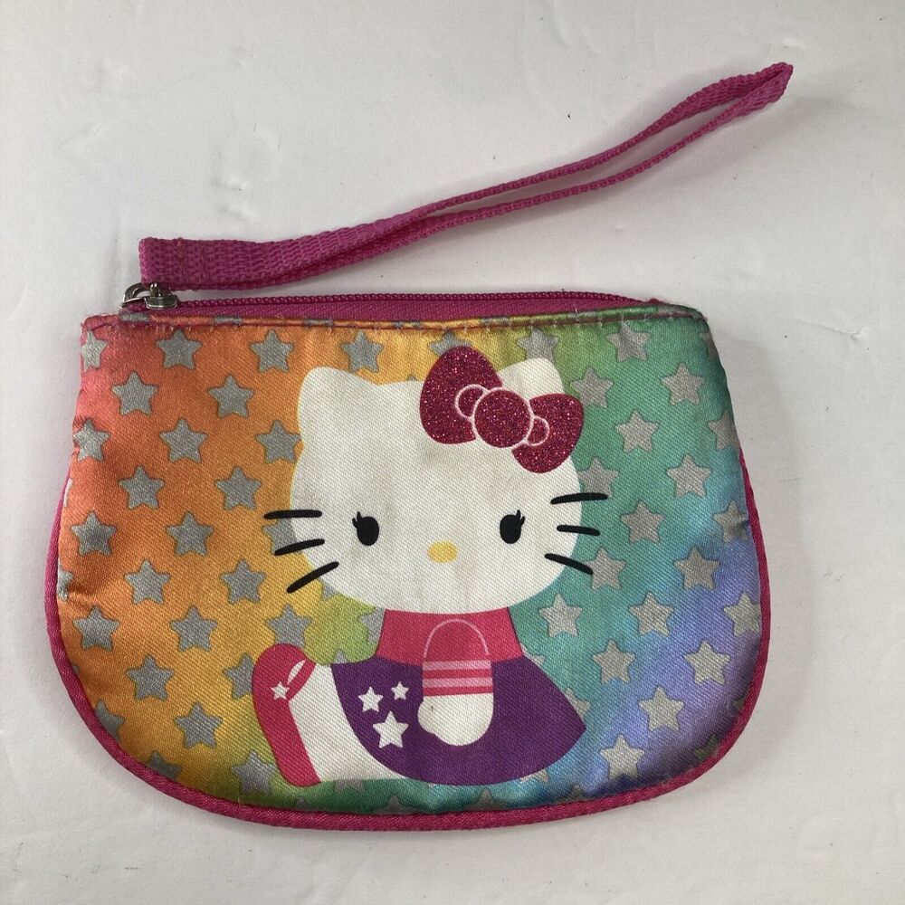 Hello Kitty Pouch Bag Makeup 6” x 4.5” Kids Pink Handle/Lining, Rainbow, Stars